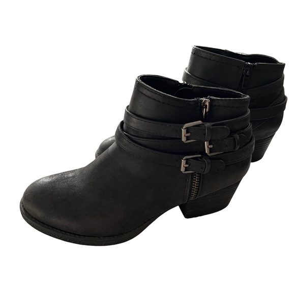 Curfew Shoes - Curfew Black Faux Suede Ankle Booties with Straps and Buckles. Size 7